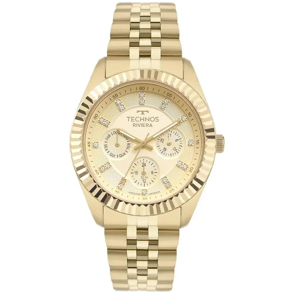 Relogio Technos feminino Riviera dourado grande aço inox multifunção 6P79BW/1X