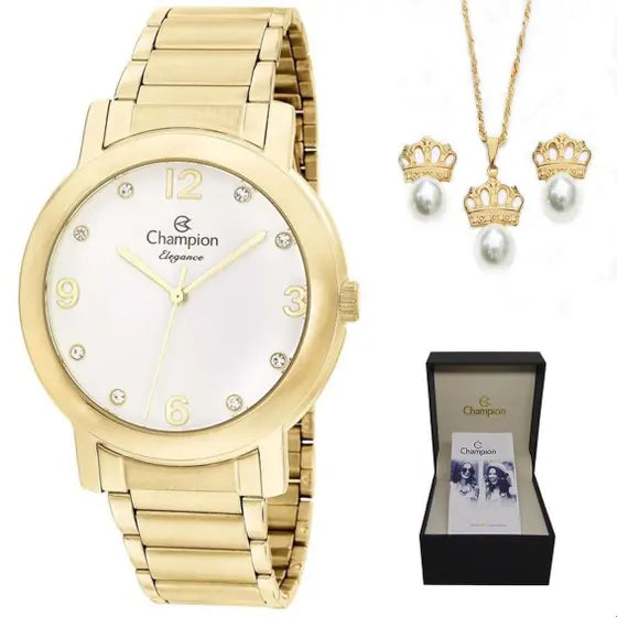 Relógio Champion Feminino Analógico Dourado CN25654W + Colar e Brincos