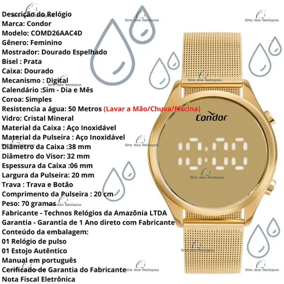Relógio Condor Feminino Dourado Digital COMD26AAC/4D