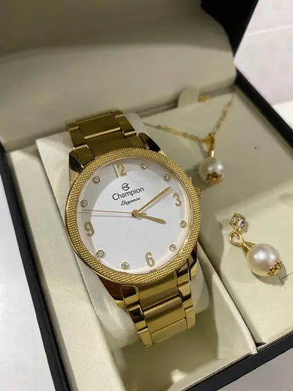 Kit Relógio Champion Elegance Feminino Dourado CN26082X