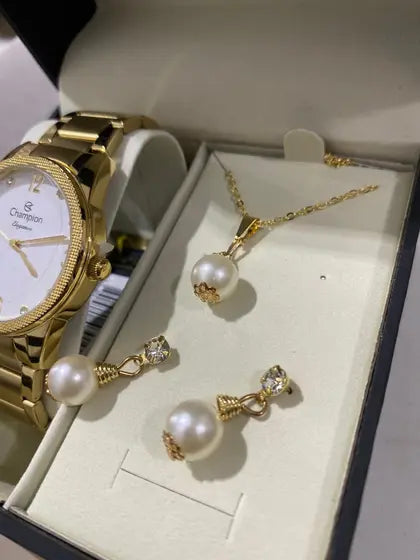 Kit Relógio Champion Elegance Feminino Dourado CN26082X